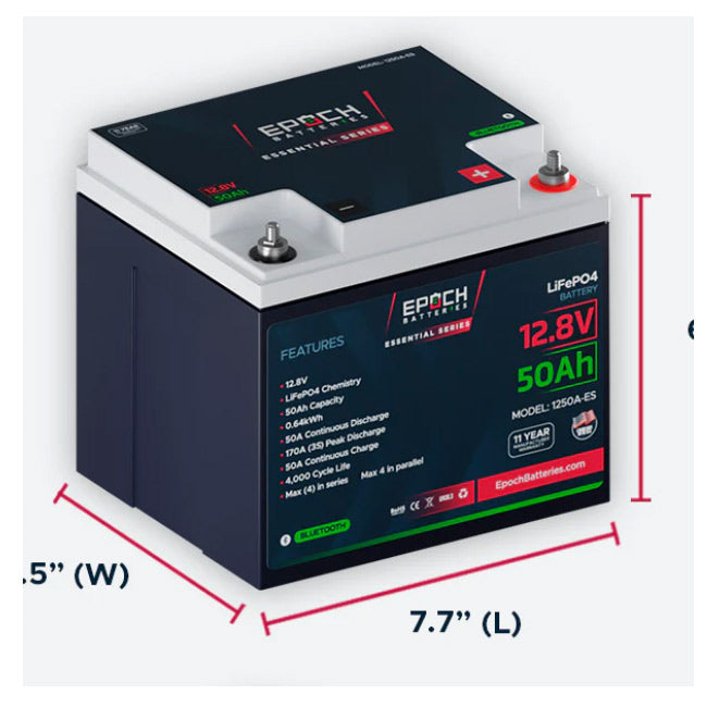 Epoch Batteries 12V 50Ah Essential Series - Bluetooth LiFePO4 Battery